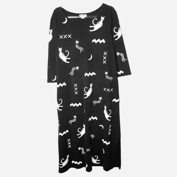 Celestial Whimsigoth Cat Moon Star 100% Cotton Maxi Dress Plus 1X Made in USA - Picture 2 of 8
